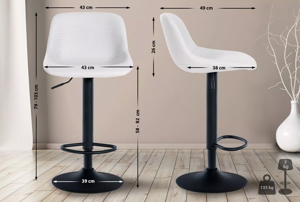 Sæt med 2 Loft Barstole i kunstlæder - Hvid, metalramme, 360° drejelig, justerbar højde