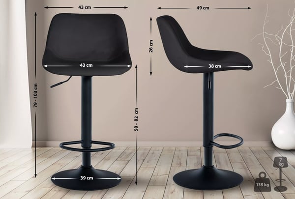 2 kpl Loft Bar Stool Set, Black Metal Rack, Velvet Seat