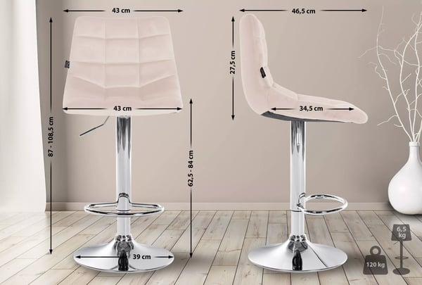Jerry Fløjl Barstol - Beige, Metalramme, Justerbar Højde, Drejbar