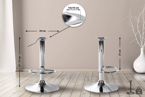 XL Barstolbase med Kromfinish, Metalkonstruktion, Justerbar Højde (57-77 cm), Drejelig, Fodstøtte, 150 kg Kapacitet, Kompatibel med 10x10 cm