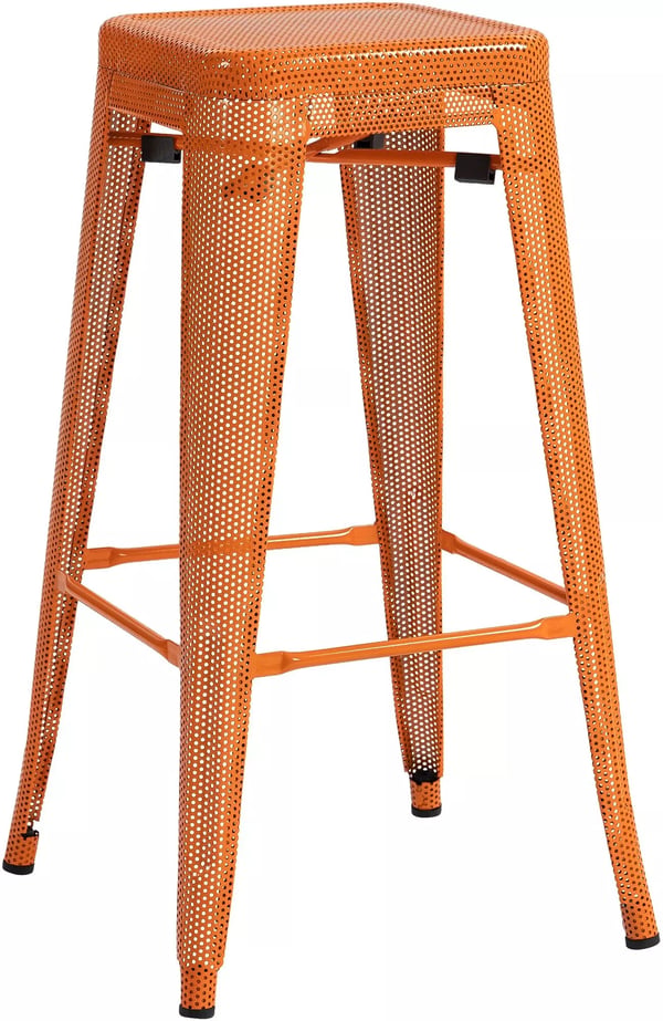 Fletcher Orange Metallbarstol med Perforerad Ram, Stapelbar, Industridesign, 77 cm Sitthöjd