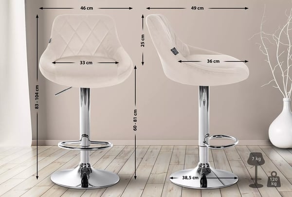 Creme Fløjl Barstol med Metalstel - Justerbar Højde, Drejesæde og Fodstøtte