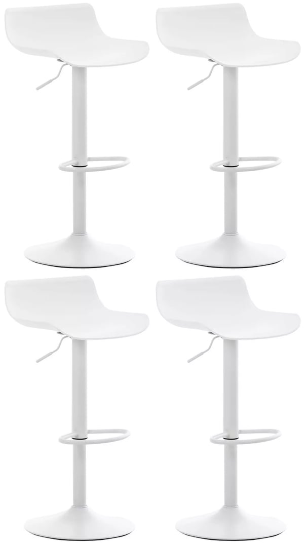 Set med 4 vita barstolar i plast med metallram, höjdjusterbara och svängbar sits