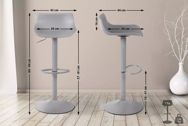 Sæt med 4 grå Aveiro barstole i plast med metalstel, justerbar højde og drejesæde