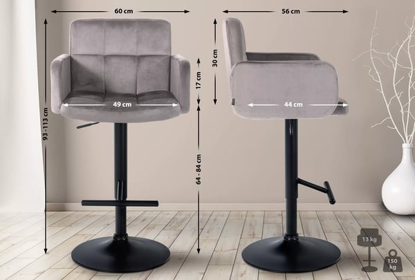 Grå fløjl barstol med metalramme - justerbar og drejelig