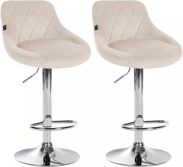 Set med 2 gräddfärgade barstolar i sammet med metallfot, 360° svängbar, justerbar höjd