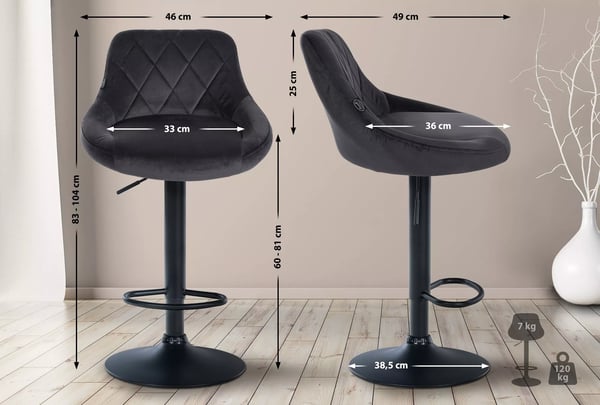 Sæt med 2 mørkegrå fløjlsbarstole med metalfod