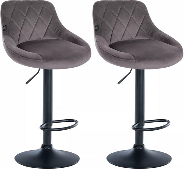 Set med 2 grå barstolar i sammet med metallfot - justerbar höjd, 360° svängbar