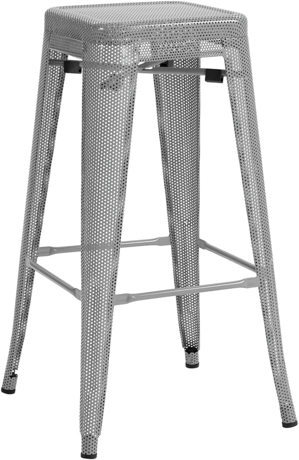 Fletcher Barstol i Industridesign, Silvermetall med Perforerad Ram, Stapelbar, 77 cm Sitthöjd, Inkluderar Golvskydd