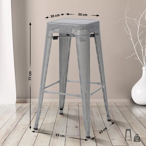 Fletcher Industriel Design Barstol, Sølvmetal med Perforeret Ramme, Stabelbar, 77 cm Sædehøjde, Inkluderer Gulvbeskyttere