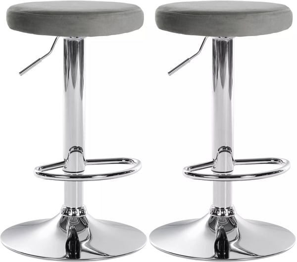 Set med 2 grå barstolar i sammet med metallfot, 360° svängbar, justerbar höjd