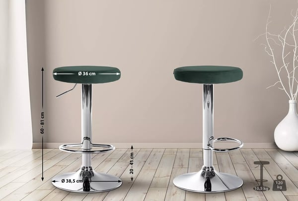 Sæt med 2 grønne fløjlsbarstole med metalfod, justerbar drejefunktion