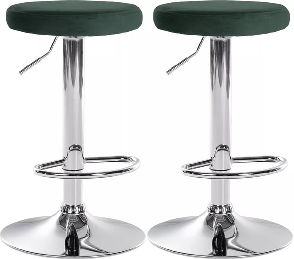 Set med 2 gröna barstolar i sammet med metallfot, justerbar snurrfunktion