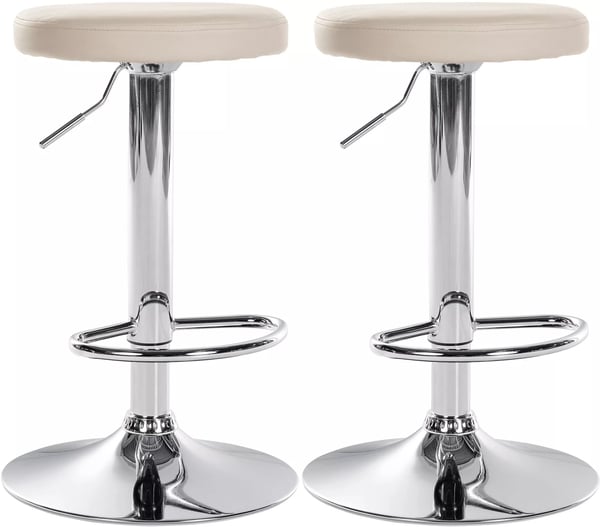 Set med 2 gräddfärgade barstolar i konstläder med metallställning, justerbar höjd och snurrfunktion
