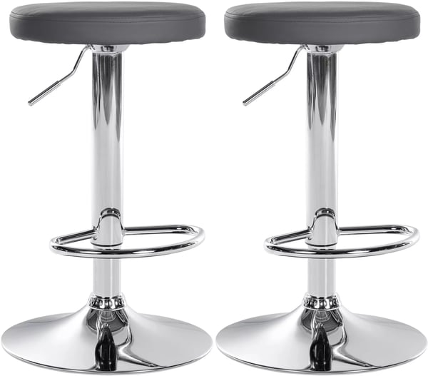 Set med 2 grå barstolar i konstläder med metallställ, justerbar höjd, snurrfunktion