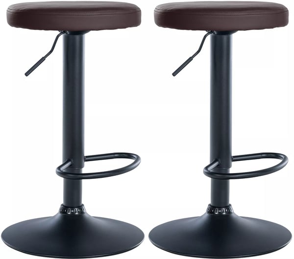 Set med 2 bruna barstolar i konstläder med metallställ, svängbara och justerbar höjd