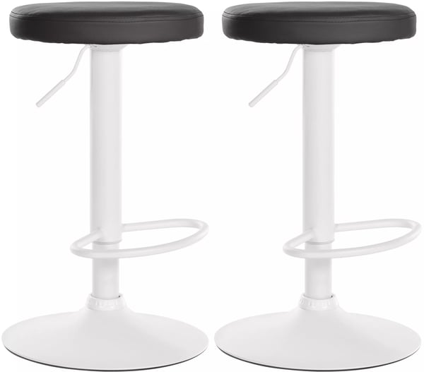 Set med 2 svarta barstolar i konstläder med metallställ, höjdjusterbara och svängbara