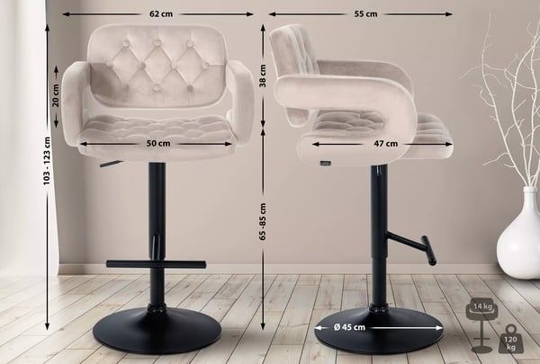 Creme Fløjl Barstol med Justerbar Højde og Fodstøtte - Dublin Model