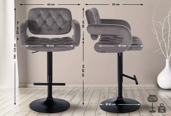 Grå fløjl barstol med justerbar højde og ryglæn - Tidløs elegance og moderne komfort