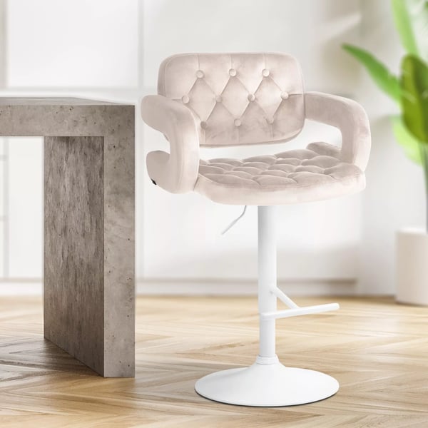 Dublin Barstol Creme Fløjl, Justerbar Højde, Ergonomisk Design med Ryglæn & Fodstøtte, Maks. Belastning 120 kg