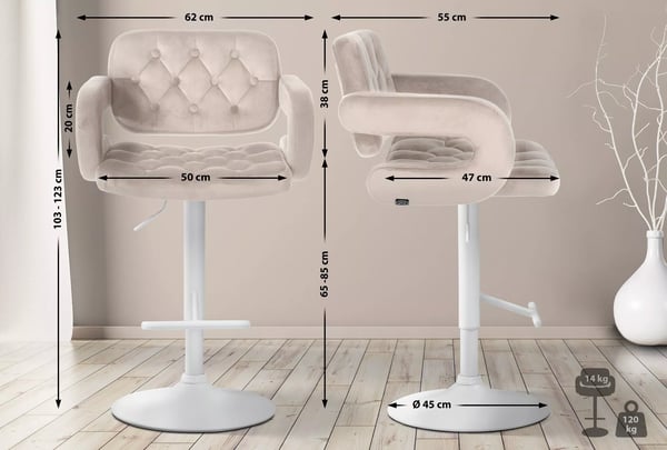 Dublin Barstol Creme Fløjl, Justerbar Højde, Ergonomisk Design med Ryglæn & Fodstøtte, Maks. Belastning 120 kg
