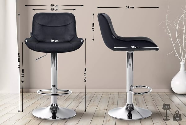 Vonore Sort Fløjl Barstol med Metalstel - 51x49x85 cm, 7kg