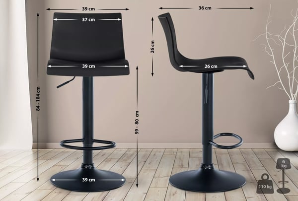 Sæt med 2 Branford stof- og plastikbarstole - Sort metalramme, 360° drejelig, højdejusterbar