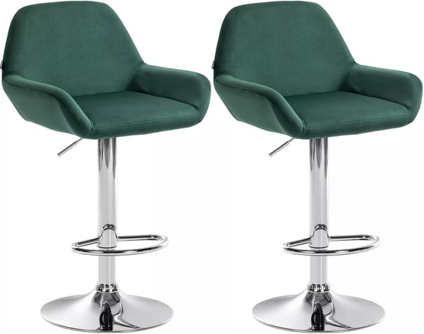 Set med 2 mörkgröna barstolar i sammet med metallram, justerbar höjd, 360° svängbar