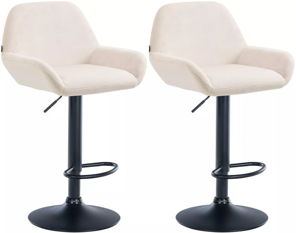 Set med 2 gräddfärgade barstolar i sammet med metallram, justerbar höjd, 360° svängbar