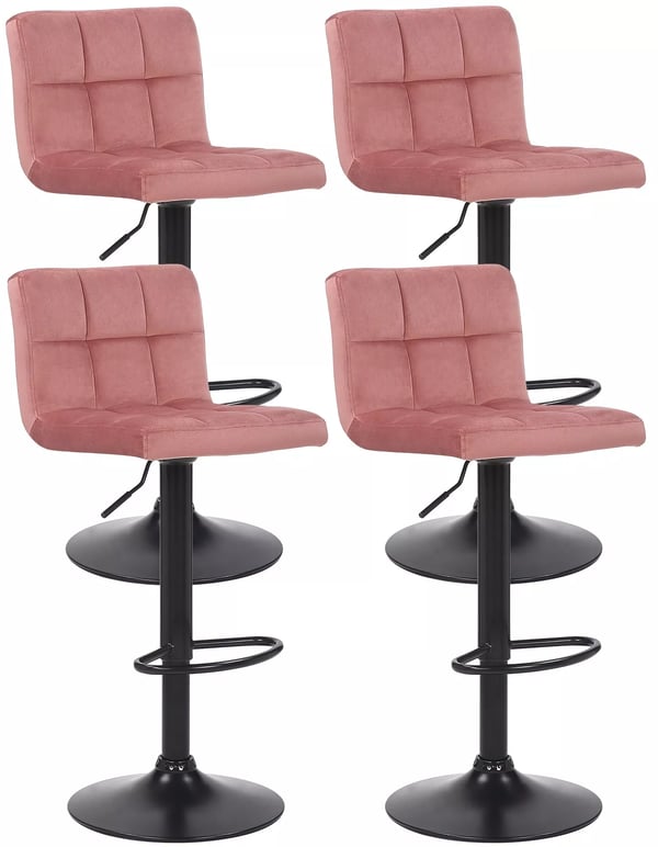 Set med 4 rosa barstolar i sammet med matt svart metallbas - justerbar höjd och svängbar
