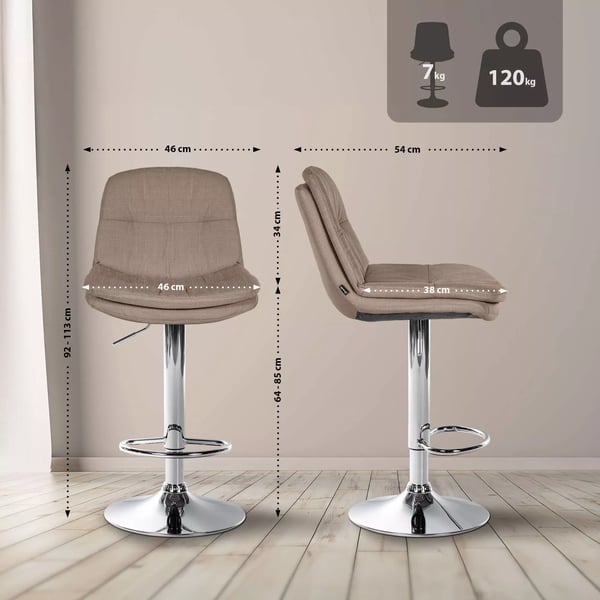 Laurel Taupe stof barstol, metalramme, højdejusterbar, drejelig, 360°