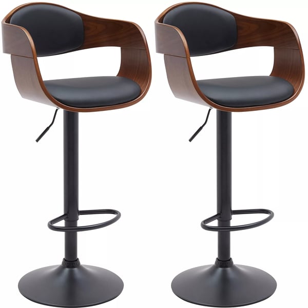Set med 2 Kingston B Barstolar - Valnöt/Svart Konstläder, Matt Svart Metallram, 360° Svängbar, Justerbar Höjd