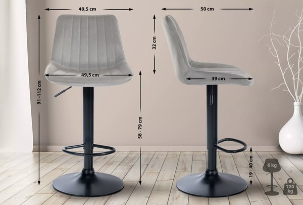 Sæt med 2 grå velour barstole med metalstel