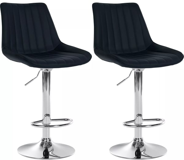 Set med 2 svarta barstolar i konstläder med metallram, justerbar höjd och svängbar