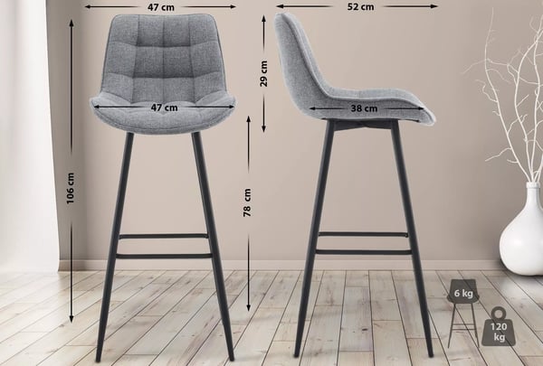 Grå stof barstol med mat sort metalramme