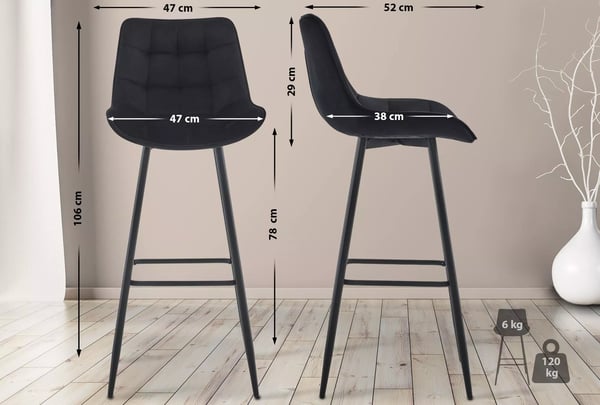 Dartford fløjlsbarstol med matsort metalramme - sort