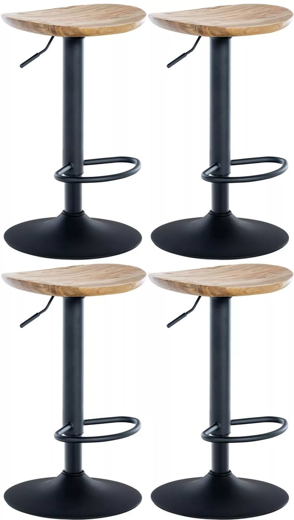 Set med 4 Skelde Barstolar, Sits i Naturträ, Matt Svart Metallram, Höjdjusterbar Svängbar