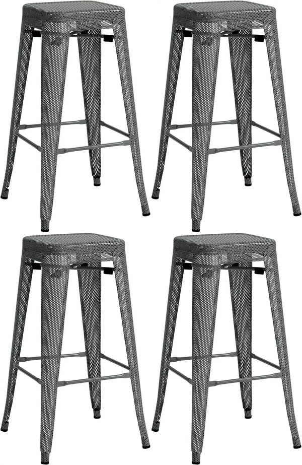 Set med 4 gråa barstolar i metall med perforerad ram, stapelbara, industriell design, 77 cm sitthöjd