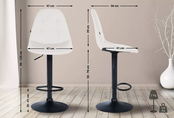 Elmore Barstol, Justerbar Højde, Drejefunktion, Kunstlæder, Hvid Metalramme