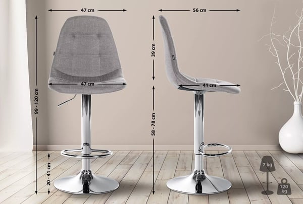Elmore Grå Stof Barstol med Metalstel, Justerbar Højde & Drejefunktion, 120 kg Maks. Belastning