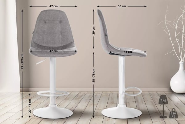 Elmore Grå Stof Barstol med Justerbar Højde og Drejefunktion - Metalramme