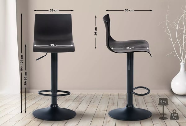 Justerbar sort plastik barstol med krom-look metalramme