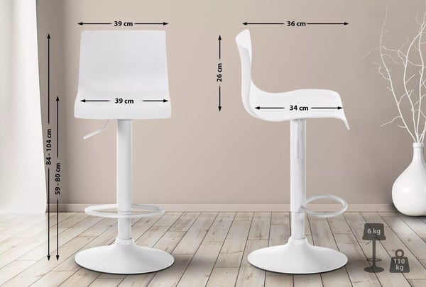 Moderne hvid plastik barstol med krom-look metalramme og fodstøtte