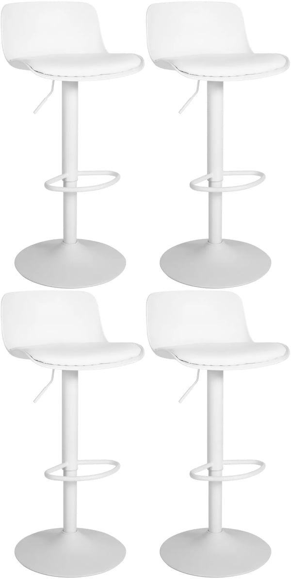 4 x Almada-baarituolisetti, valkoinen keinonahka, metallirunko, korkeussäädettävä, 360° kääntyvä