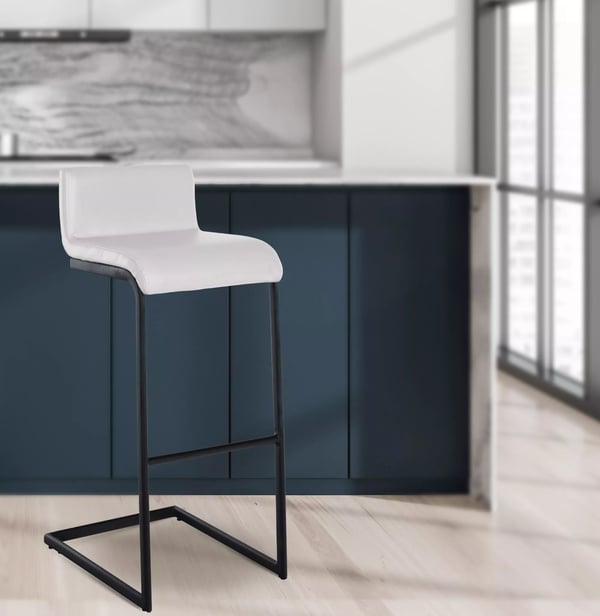 Newport Barstol i kunstlæder, hvid med stel i rustfrit stål, ergonomisk design med fodstøtte, 96 cm højde