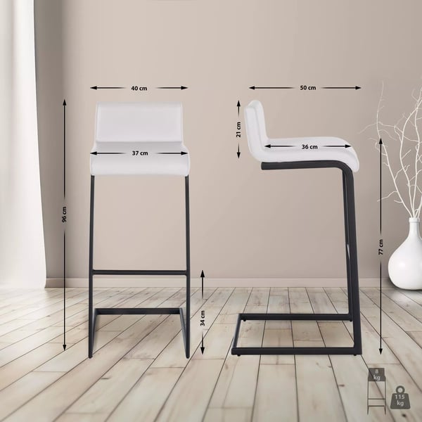 Newport Barstol i kunstlæder, hvid med stel i rustfrit stål, ergonomisk design med fodstøtte, 96 cm højde