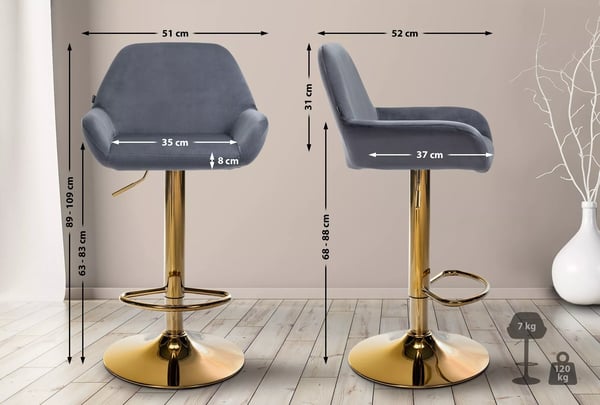 Mörkgrå barstol i sammet med metallram, justerbar höjd, 360 graders svängfunktion