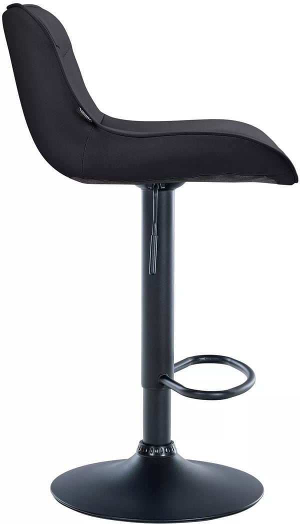 Set med 2 svarta barstolar i konstläder med metallram, justerbar höjd och snurrfunktion