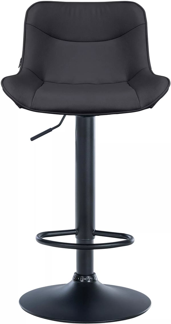 Set med 2 svarta barstolar i konstläder med metallram, justerbar höjd och snurrfunktion