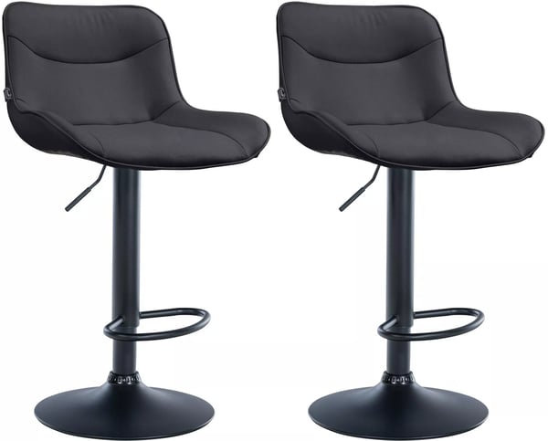 Set med 2 svarta barstolar i konstläder med metallram, justerbar höjd och snurrfunktion